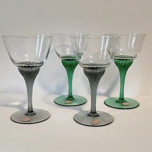 Czechoslovakia Spiral Stem Manhattan Bar Glass Green & Smoky Quartz Pairs